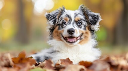 A dog laying in a pile of leaves in the woods
