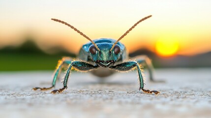 Naklejka premium A close up of a green beetle on a concrete surface