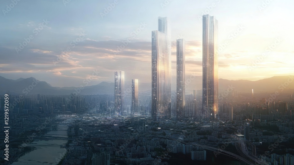 Poster the skyline is encased in transparent barriers reflecting alternating phases of vibrant commerce and
