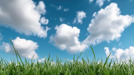 Obraz premium A field of green grass under a blue sky with white clouds