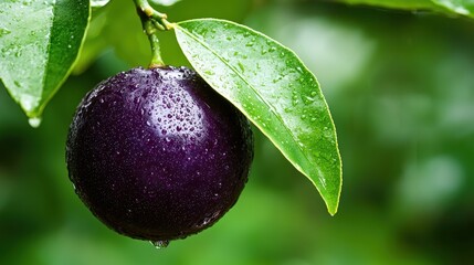 A purple fruit hanging from a tree branch with water droplets on it