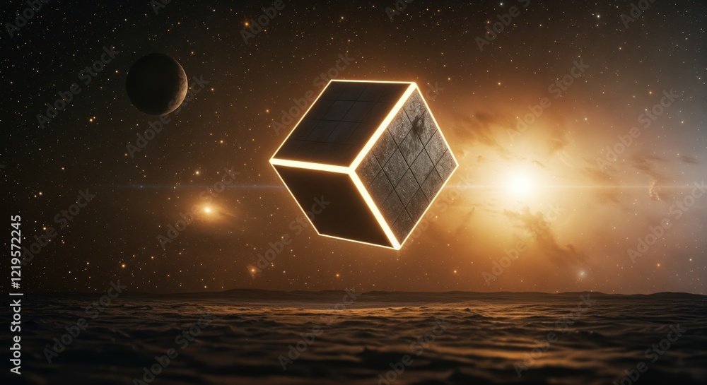 Poster mysterious glowing cube in space with celestial bodies and nebula