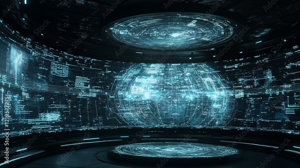 Aufkleber futuristic digital globe command center: global network visualization