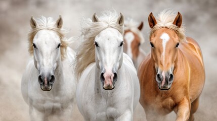A group of three horses running in a line