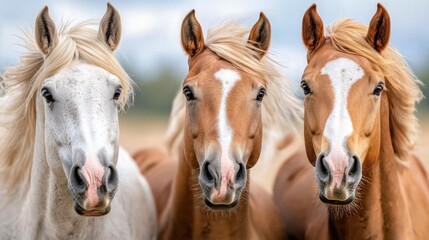 A group of three horses standing next to each other