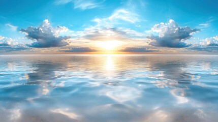 Obraz premium A beautiful sunset over the ocean with clouds reflecting in the water