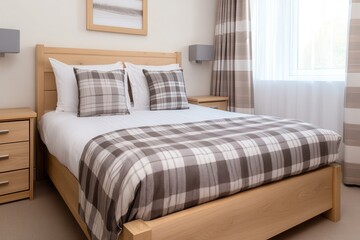 Zen interior design: Minimalist balance in open spaces. Cozy bedroom with plaid bedding and wooden furniture.