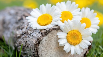 Fototapeta premium A bunch of daisies sitting on top of a tree stump