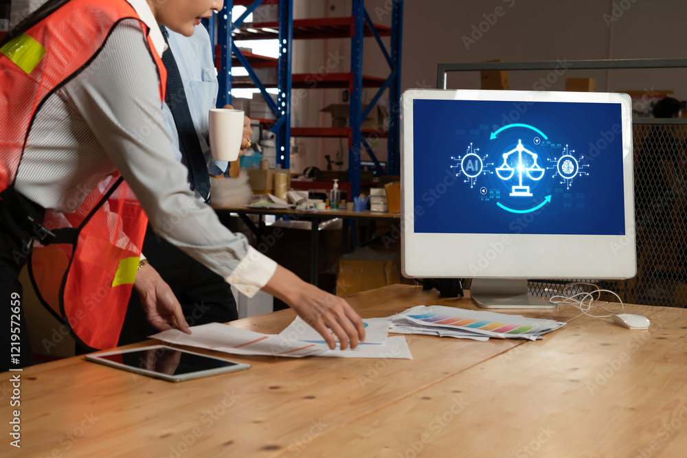 Poster ai ethics responsibility standard law and rules on computer screen provide report of ai ethic transp