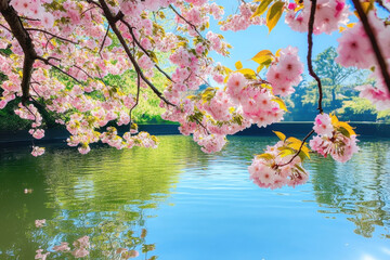 beautiful spring scene, blooming flowers, clear water, blue sky, peaceful atmosphere 