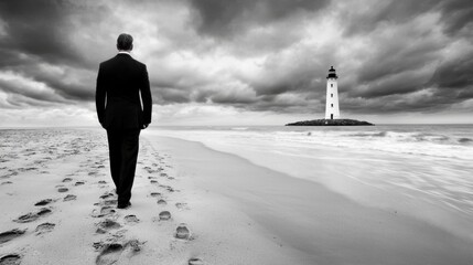A man in a suit walking on a beach with a lighthouse in the background
