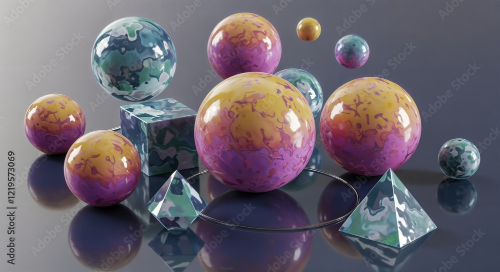 Poster vibrant abstract 3d shapes on reflective surface with colorful spheres and geometric patterns