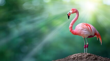 Fototapeta premium A pink flamingo standing on top of a mound of dirt