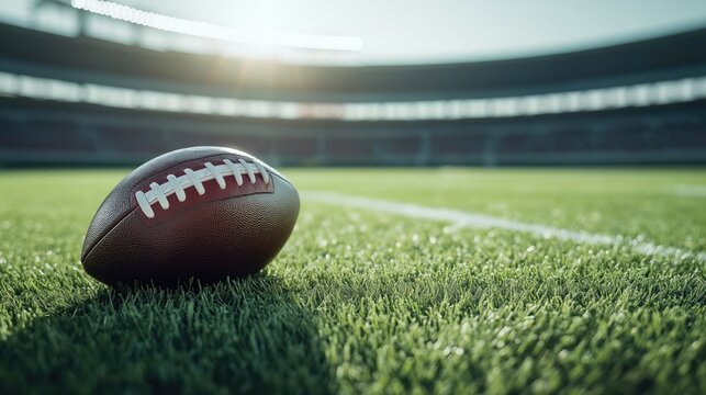 American football ball rests on green field in stadium under sunny day. Sport equipment sits on turf. Image shows game practice. Focus on ball closeup. Blurred stadium background. Athletic activity.