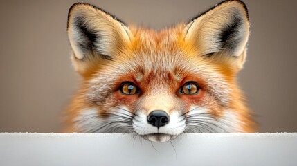 A close up of a red fox peeking over a white wall