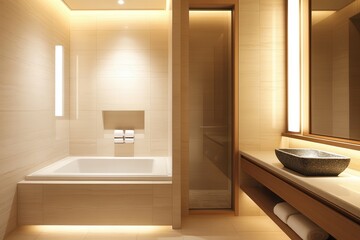 Zen interior design: Minimalist balance in open spaces. Modern bathroom with minimalist design and warm lighting.