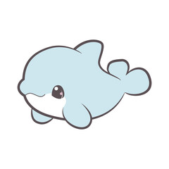 Cute dolphin vector. Hand drawn fish illustration. Outline dolphin isolated on white background. White and blue happy dolphin.