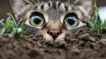 A cat peeking out of the ground with green eyes