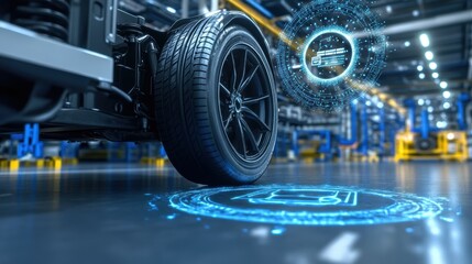 Obraz premium Closeup of the vehicles operational wheels on a smooth factory surface with a subtle 5G connectivity icon radiating above symbolizing highspeed communication.