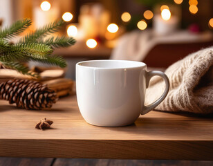 A cozy white coffee mug sits on a wooden table alongside pine cones, evergreen branches, and a knit scarf with warm bokeh lights twinkling in the background.