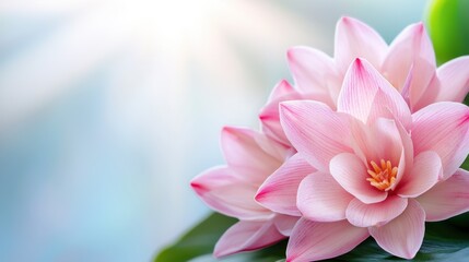 Fototapeta premium A close up of two pink lotus flowers with green leaves