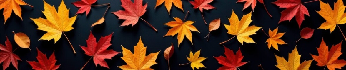 Fototapeta premium Colorful fallen leaves of oak trees scattered on a black background, maple leaf, leaf fall