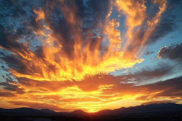 Fototapeta premium Dramatic sunset sky with vibrant colors. Golden hour cloudscape over mountains. Beautiful warm light paints sky in shades of orange yellow, red. Stunning view of nature at twilight. Picturesque
