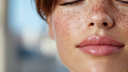 Obraz premium A woman with freckles on her face with her eyes closed