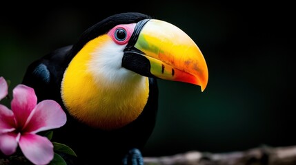 Obraz premium A colorful toucan sitting on a branch next to a pink flower