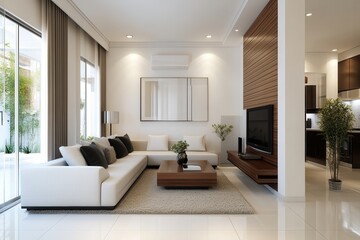 Fototapeta premium Zen interior design: Minimalist balance in open spaces. Modern living room with a stylish sofa and natural light streaming in.