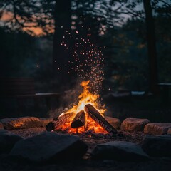 Naklejka premium Glowing bonfire in fire pit, flames dancing under the dark night sky