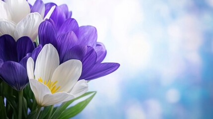 Naklejka premium A bunch of purple and white crocuses in a vase on a blue background