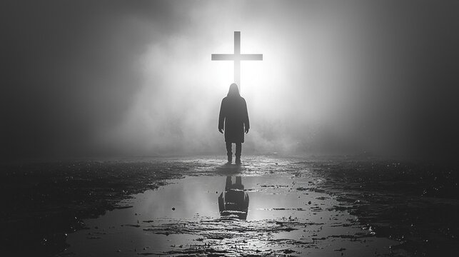 silhouette of Jesus Christ stands peacefully behind glowing cross highlighted against plain white background conveying sense of reverence and tranquility.