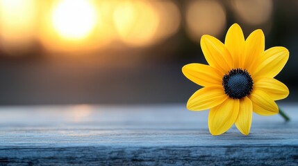 A single yellow flower sitting on top of a wooden table