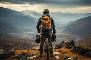 Cyclist pauses atop mountain, taking in breathtaking panoramic valley view.