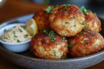 Fototapeta premium Golden Brown Crab Cakes with Tartar Sauce and Lemon
