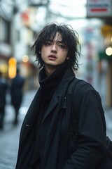 A man in a black coat is walking down the street