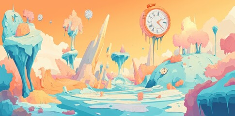 Surreal Landscape with Melting Clocks and Floating Islands