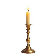 Lit candle in antique brass candlestick holder isolated transparent background