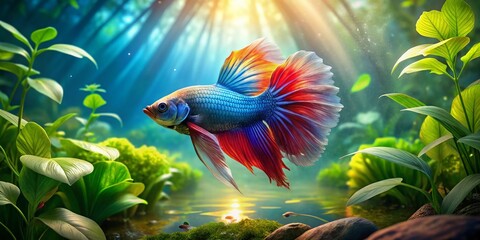 Fototapeta premium Vibrant Betta Fish in Aquatic Paradise: Stunning Landscape Photography