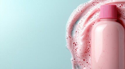 Obraz premium A bottle of pink liquid with a pink cap on a blue background