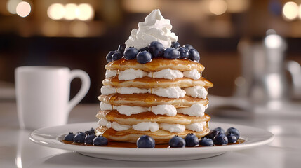 Delicious Pancakes with Blueberries and Whipped Cream