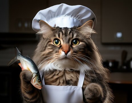 un adorable gato gris de pelo largo con un delantal blanco, un gorro de chef y un pescado en la mano
