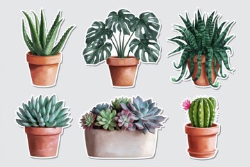 Six potted plants stickers featuring diverse succulents and cacti
