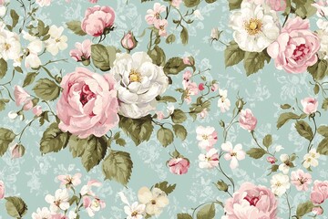 Rococo floral pattern with pastel blue background featuring pink and white roses, vintage wallpaper design perfect for elegant and romantic wall decor