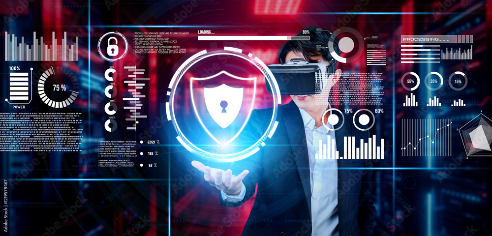 Poster business man holding at security system hologram and standing at data center. skilled project manage