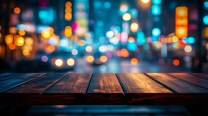 A cozy wooden table set against a vibrant night cityscape with glowing neon lights and bustling streets. The blurred backdrop enhances depth and warmth.