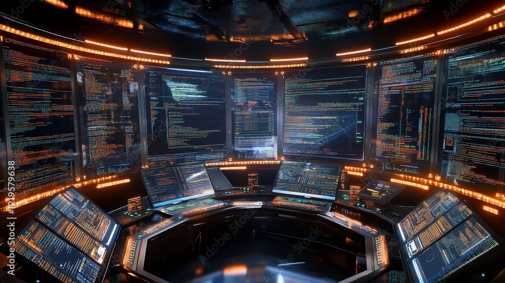Poster futuristic cyber security command center: high-tech monitoring system