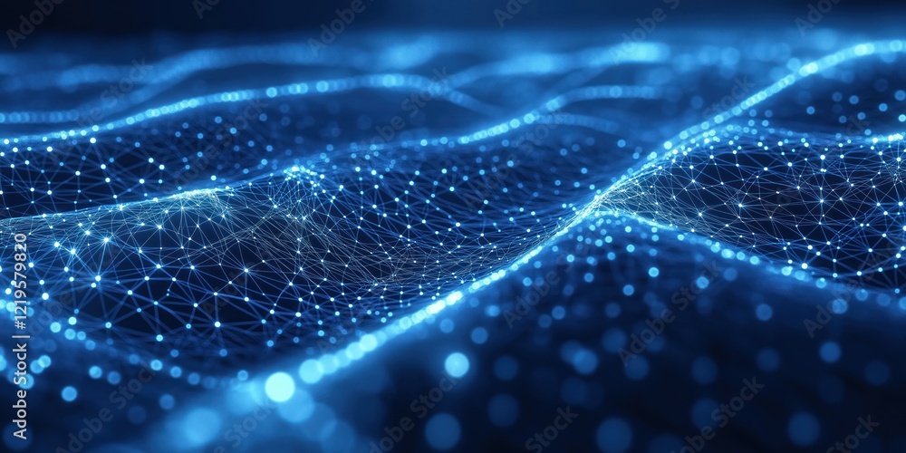Poster abstract illustration of futuristic network system. dynamic blue light connects dots, lines creating