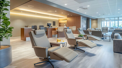 Modern Airport Lounge Interior Design: Comfortable Recliners and Ambient Lighting